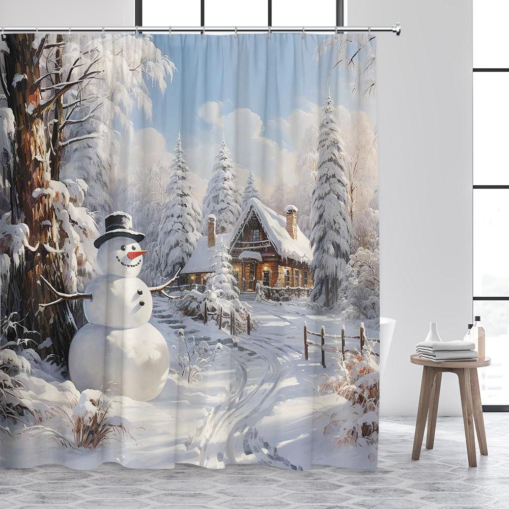 Niedlicher Schneemann Weihnachts-Duschvorhang Vintage Bauernhof-LKW Weihnachtsbaum Elch Winterwaldlandschaft Heim Badezimmer Dekoration Duschvorhänge