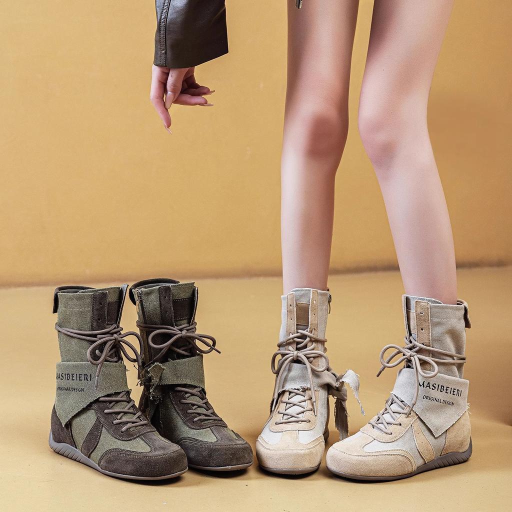 2025 new trend matte leather canvas breathable wasteland wind thick-soled medium tube Martin boots women's lace-up tooling boots