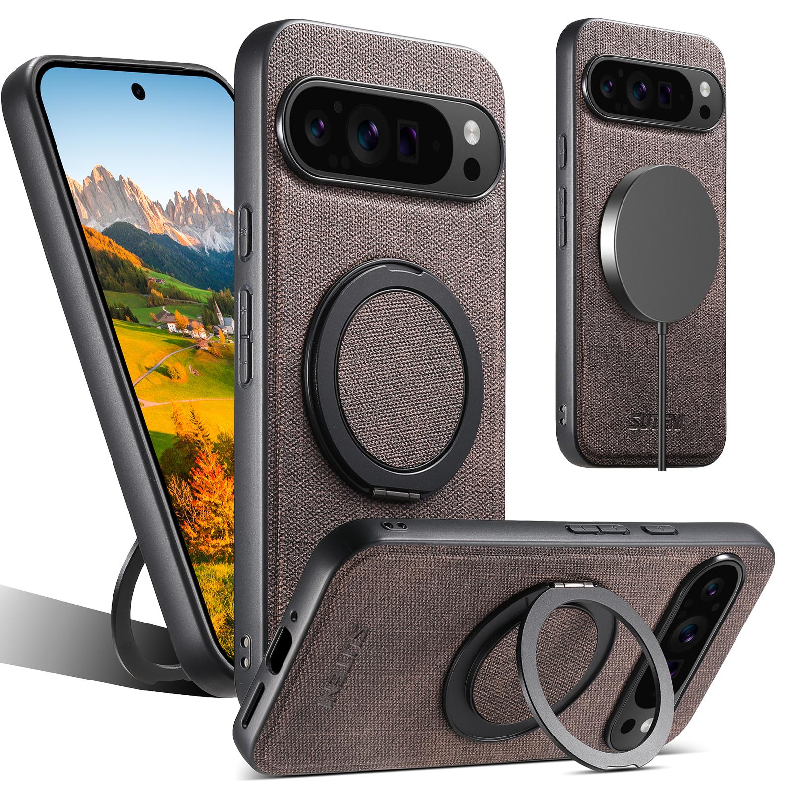 

SUTENI G3 For Google Pixel 9 Pro/9 Magnetic Case Rotating Ring Kickstand Jeans Texture PU TPU Phone Back Cover A