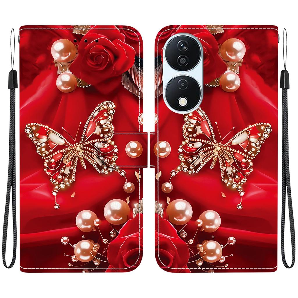 Handgefertigte PU-Leder-Flip-Hülle für Honor X7b Rutschfeste Stoßfeste Hülle mit Handschlaufe & Herz/Rose Katze Designs