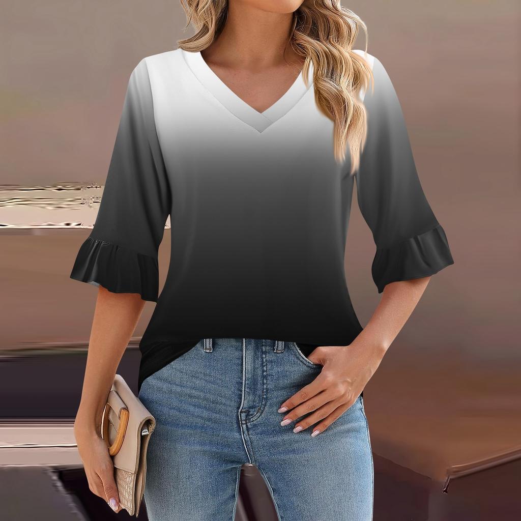 Women's Casual 3/4 Sleeve Top Summer V-neck Puffy Sleeve T-shirt Top