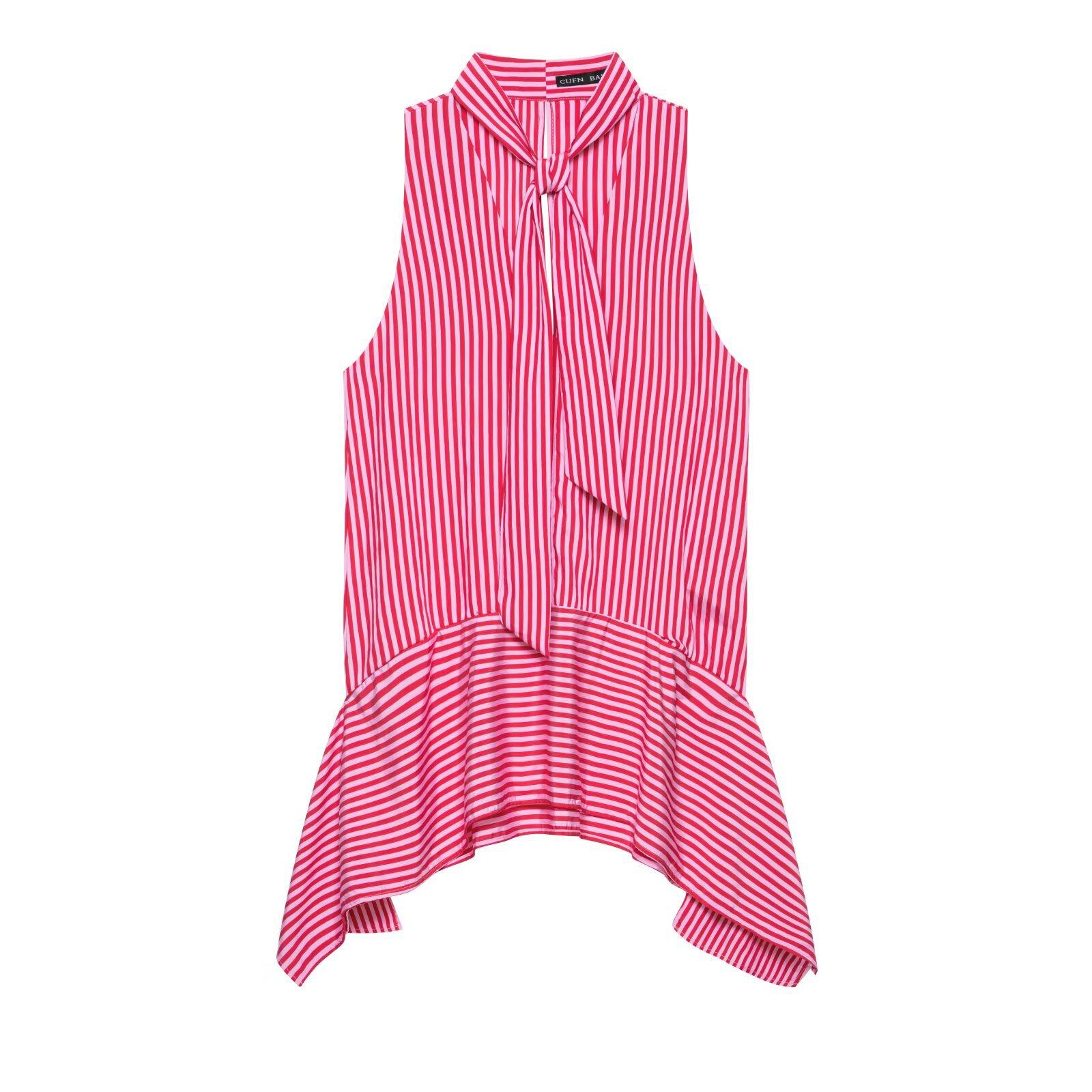 European and American style new women s fashionable sleeveless stand-neck asymmetrical striped short dress XS