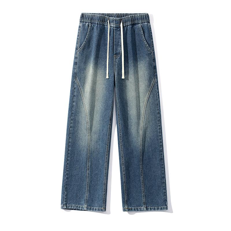 American High Street Trendy Brand Splicing Elastic Waist Jeans Men's Trend Versatile Loose Wide Legs Drape Straight Trousers