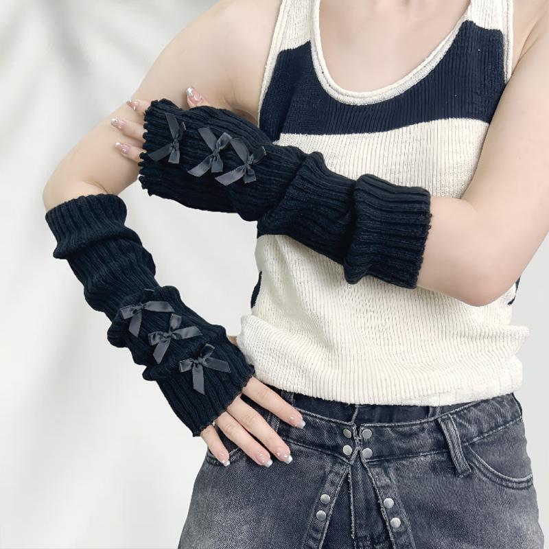 

Women s Polyester Bow-knot Hand Wash Sleeve Half-Finger Gloves Knitted Wool Ribbon Sleeves Fashionable Ballet Style Arm Sleeves