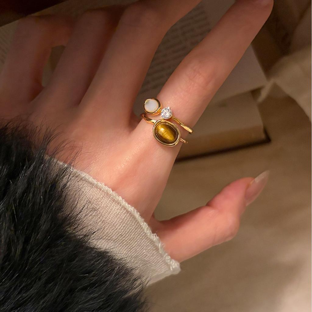 Tiger's eye stone rhinestone double-layer ring design retro index finger ring, no color loss texture ring