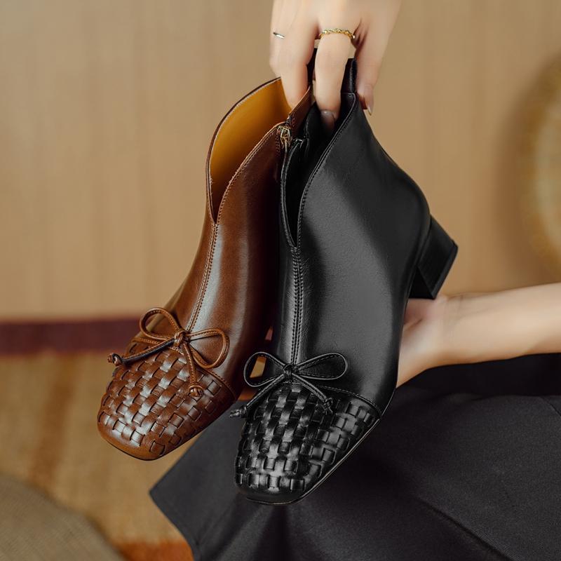 Fashion Women's New Round Toe Autumn/winter Runway Runway Runway Bow Print Cowhide Mid Heel Plus Calf Zipper Retro Short Boots
