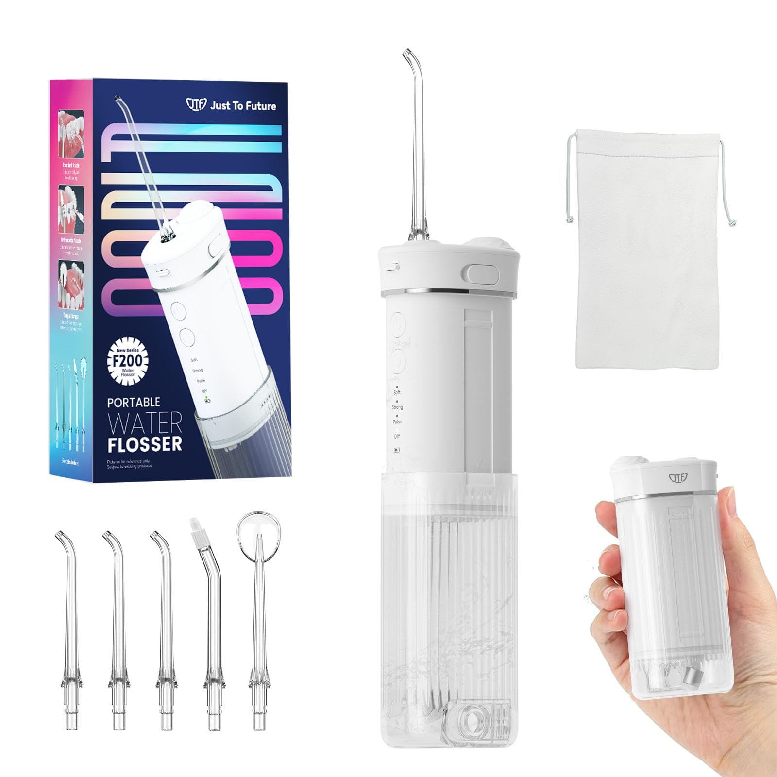 JTF Portable Retractable Water Washer Cordless Oral Irrigator with 11 Adjustable 4 5 Nozzles IPX7 USB 230ml Large Storage Pouch White Ultra-Compact