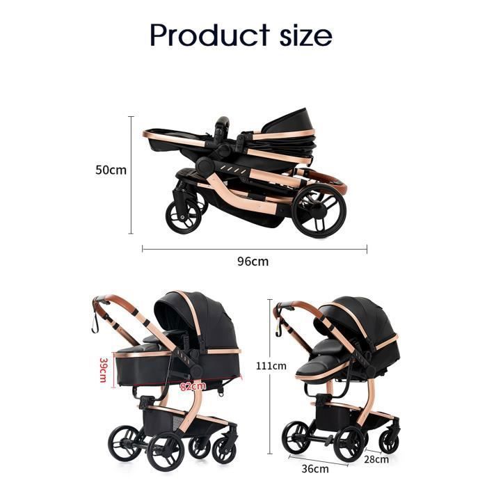 3-in-1 Baby Stroller Combined Car Seat Bassinet Trio Reversible PU Leather Puncture-proof Wheels Black Handle