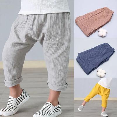 Pantalones plisados de lino de color liso para niño y niña, de verano, hasta el tobillo, informales, tipo harén