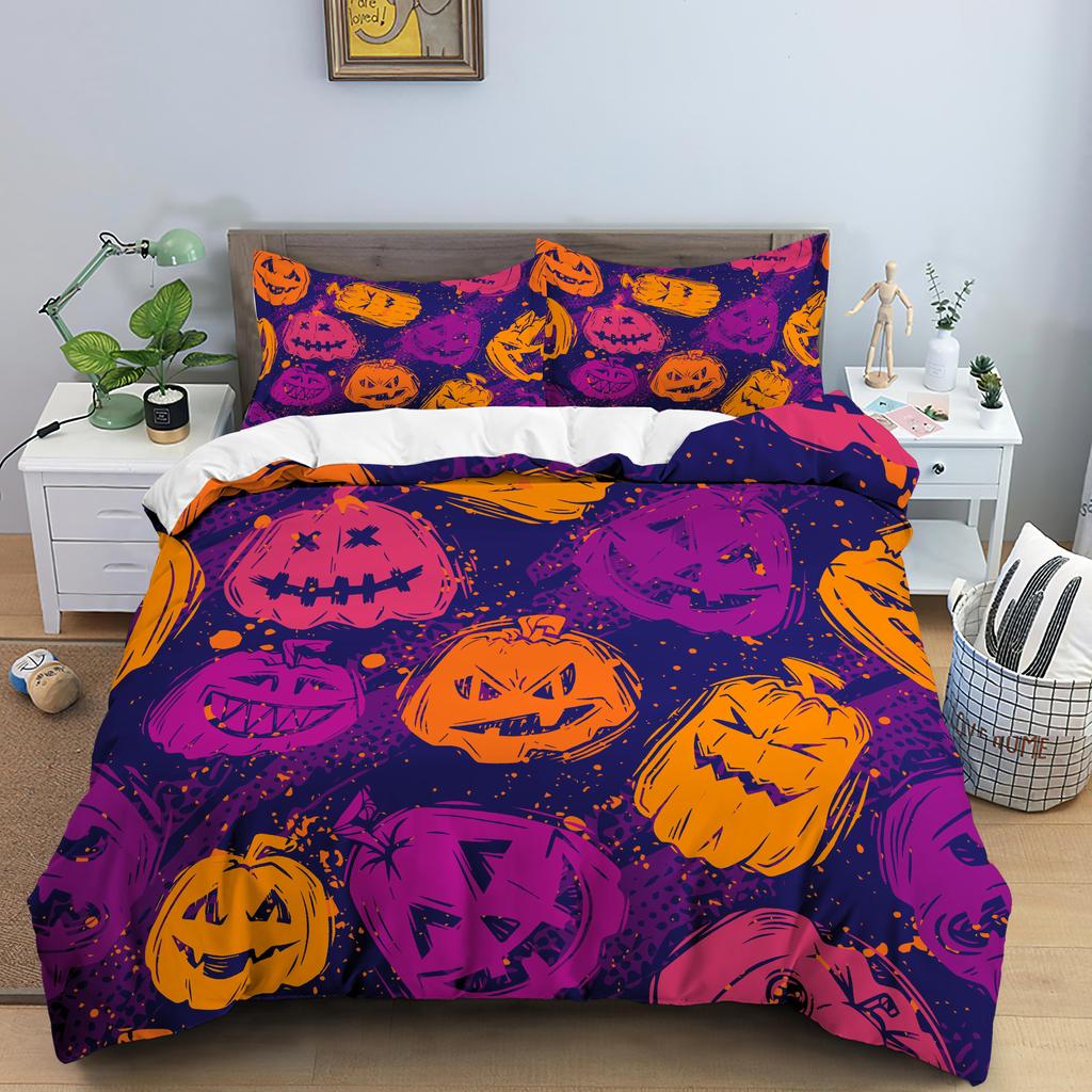 Halloween Duvet Cover Set Bats Pumpkin Polyester Comforter Cover with Pillowcase Queen King Size Bedding Set 3D Print Bedclothes