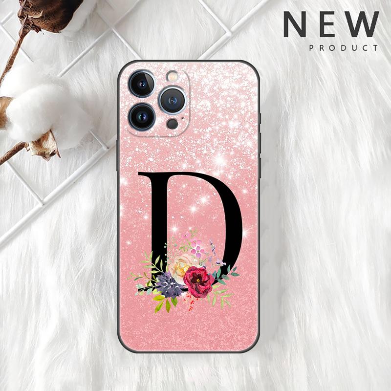 Letter A B C Flowers Pink Case For Apple iPhone 11 15 13 14 Pro Max 12 Plus X 15Pro Black Silicone Phone Coque