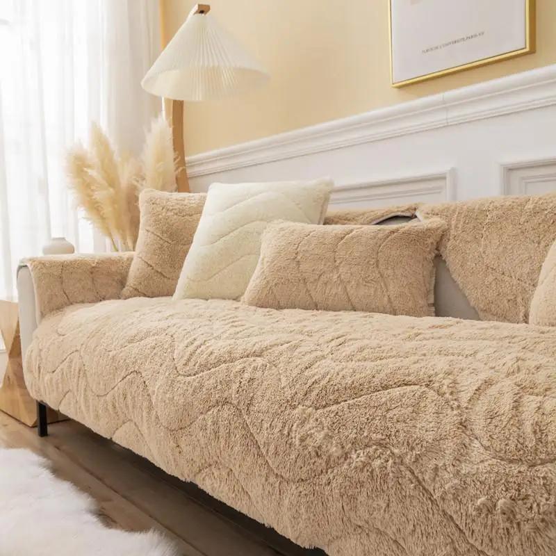 Cuscino per Divano Nordic Spesso Peluche Lungo Soggiorno Antiscivolo Antipolvere Copridivano Moda Tinta Unita Inverno Caldo Tappetino per Seduta