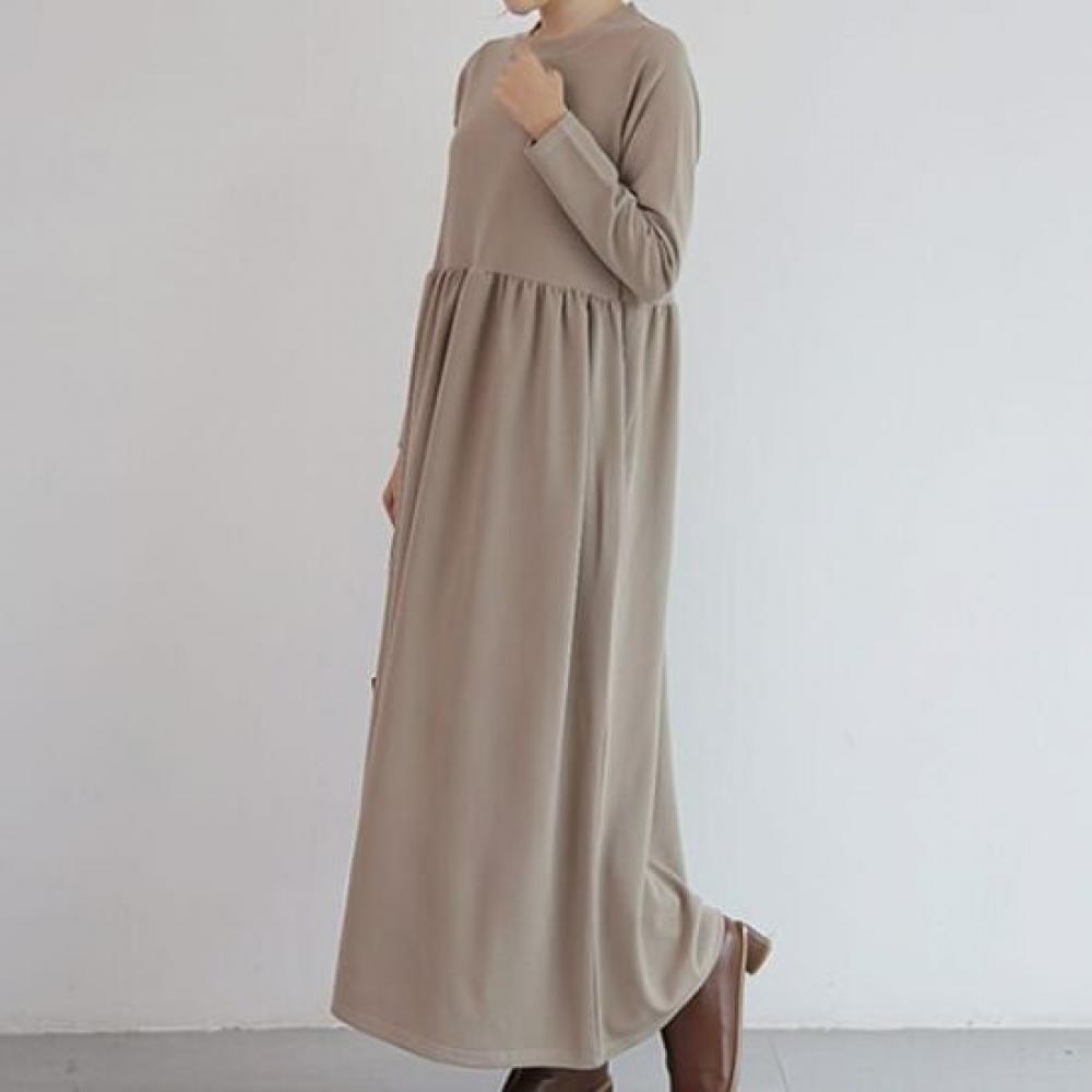 Navava Women Shirred Loose Fit Round Neck Long Sleeve Long Dress No962