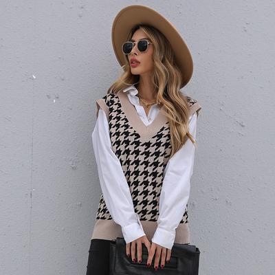 Moda Vintage Elegante Casual Principios de Otoño Chaleco de Punto a Cuadros Mil Pájaros para Mujer Mujer