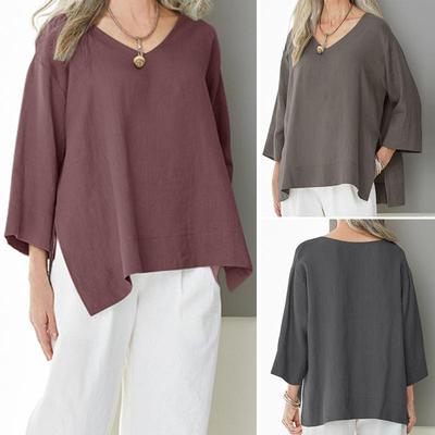 Solid Color Loose Cotton Linen Tops Women Casual V-neck 3/4 Sleeve Blouse