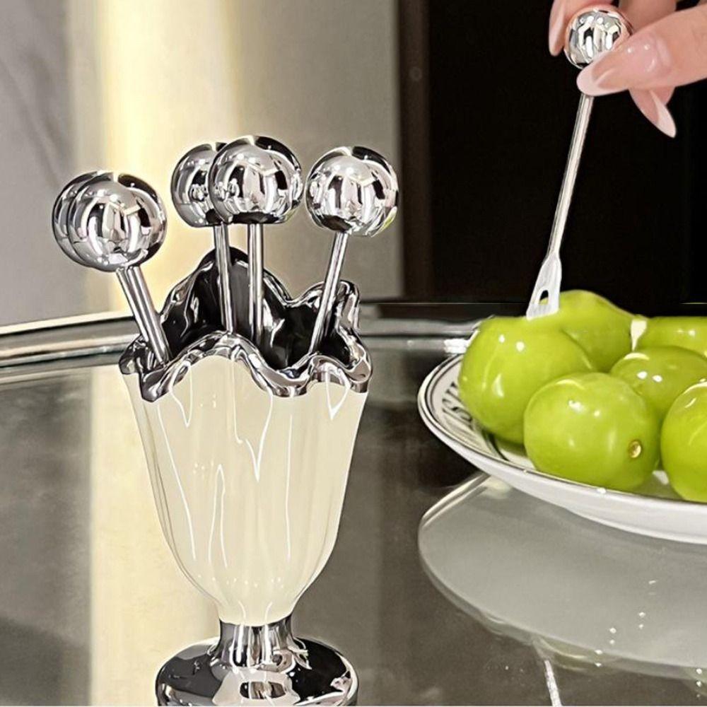 6Pcs Stainless Steel Dessert Forks with Holder INS Fruit Picks Storage Jar Set  Party Supplies