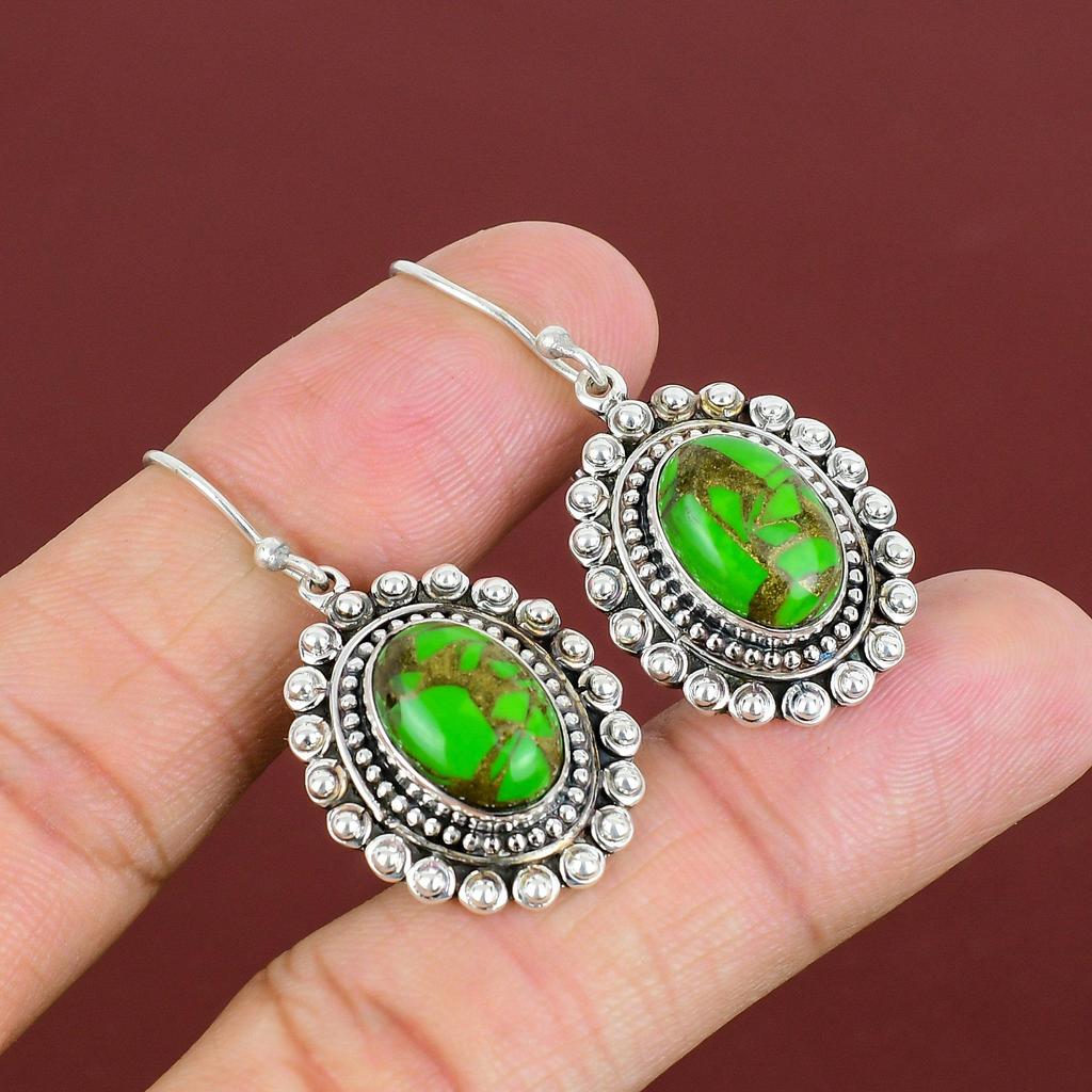 Σκουλαρίκι Πράσινο Τυρκουάζ Χαλκού 925 Ασήμι Στερλίνας Σκουλαρίκια Σκουλαρίκι με Πολύτιμο Λίθο Λεπτό Κόσμημα Vintage Σκουλαρίκι Δώρα Για τη Σύζυγο Χειροποίητα Σκουλαρίκια