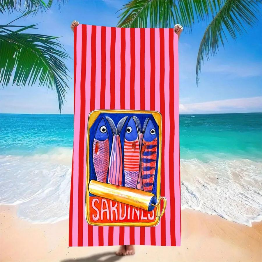 Pop Art Sardines Beach Towel - Quick Dry Microfiber with Colorful Fish Can Collage, Retro Artistic Sand Free Blanket for Summer