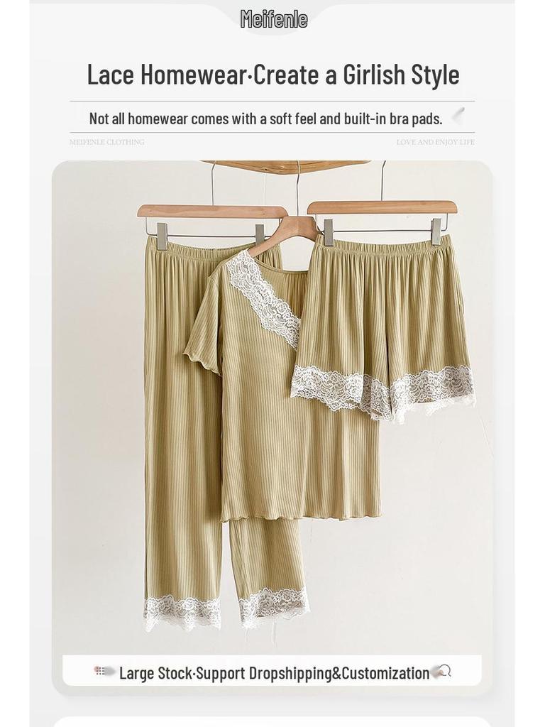 Lace Pajama Set with Built-in Bra, Women’s 3-Piece Home and Outdoor Loungewear for Spring and Autumn.