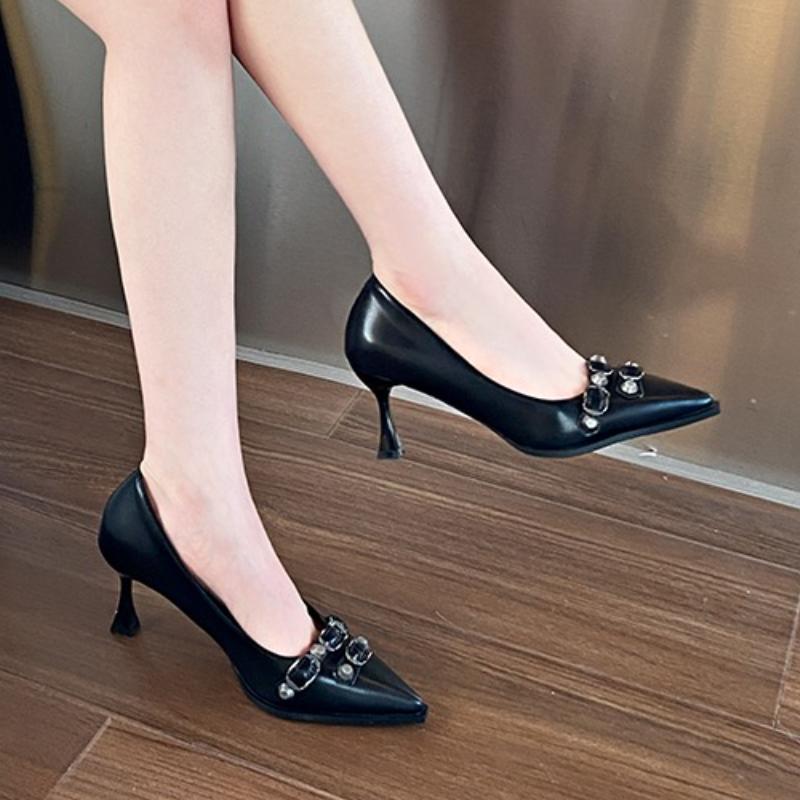 

Модные заклепки Металлическая пряжка Высокие каблуки Летние Новые Острый носок Мелкий вырез Закрытая пятка Противоскользящие Износостойкие Одинарные туфли 35 чёрный