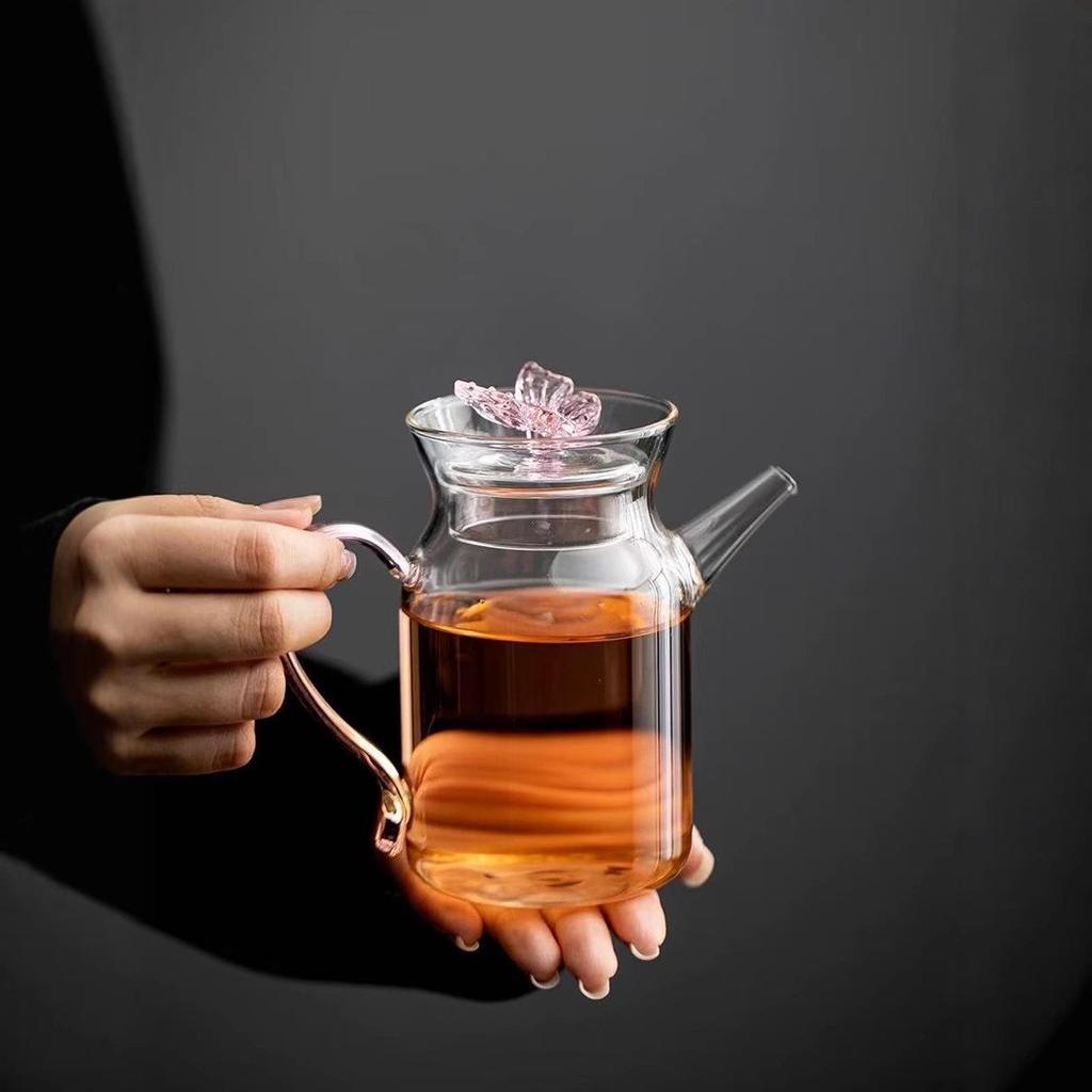 Pink Butterfly Glass Teacup Teapot Chinese Retro High Borosilicate Glass Song Style Handled Pot White Tea