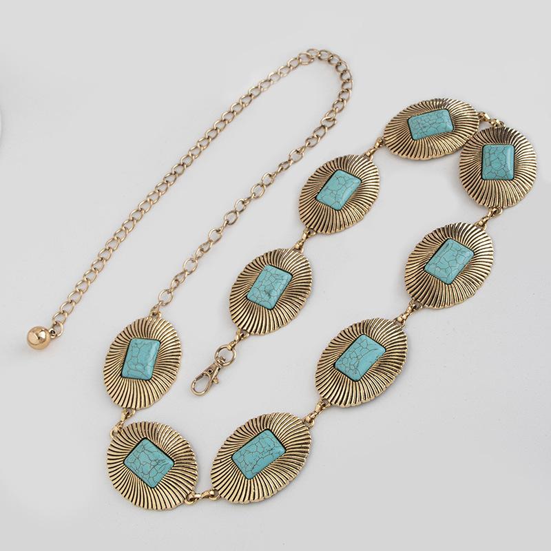 New Western Large Turquoise Retro Bohemian Style Metal Waist Chain Women's Belt