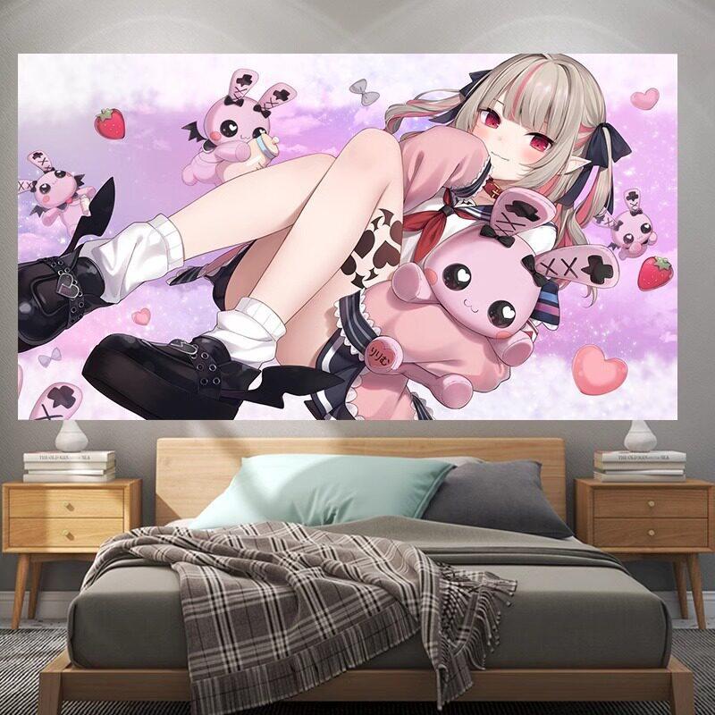 Cute Cat Ear Anime Girl Tapestry Blue Aesthetic Nekomimi Wall Hanging for Bedroom Otaku Room Decor Wall Hanging Tapestry