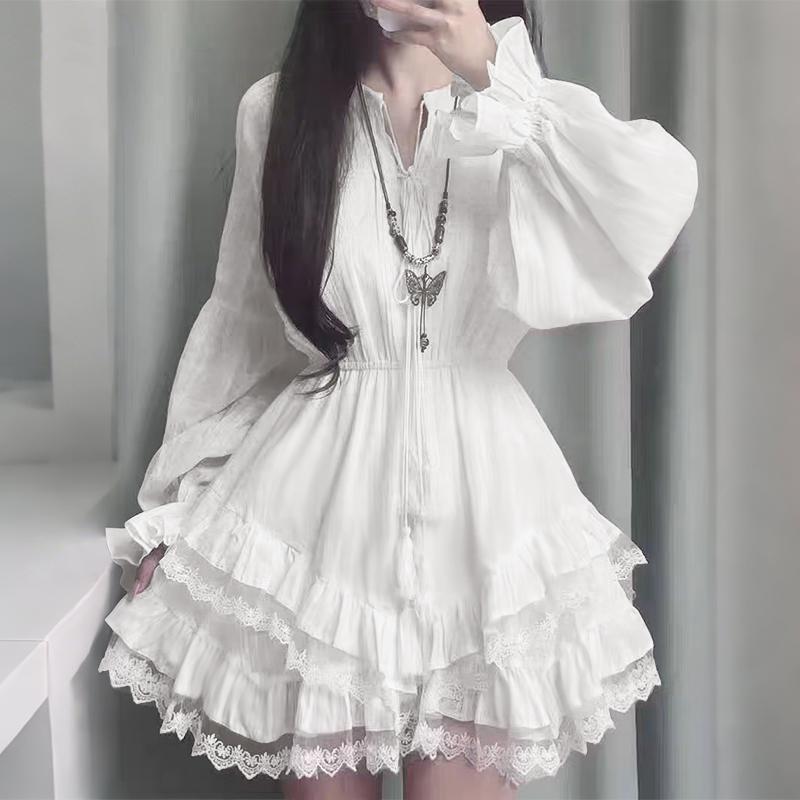 ZANZEA Women Casual Round Neck Long Sleeve Lace Splice Elegant Dress S белый