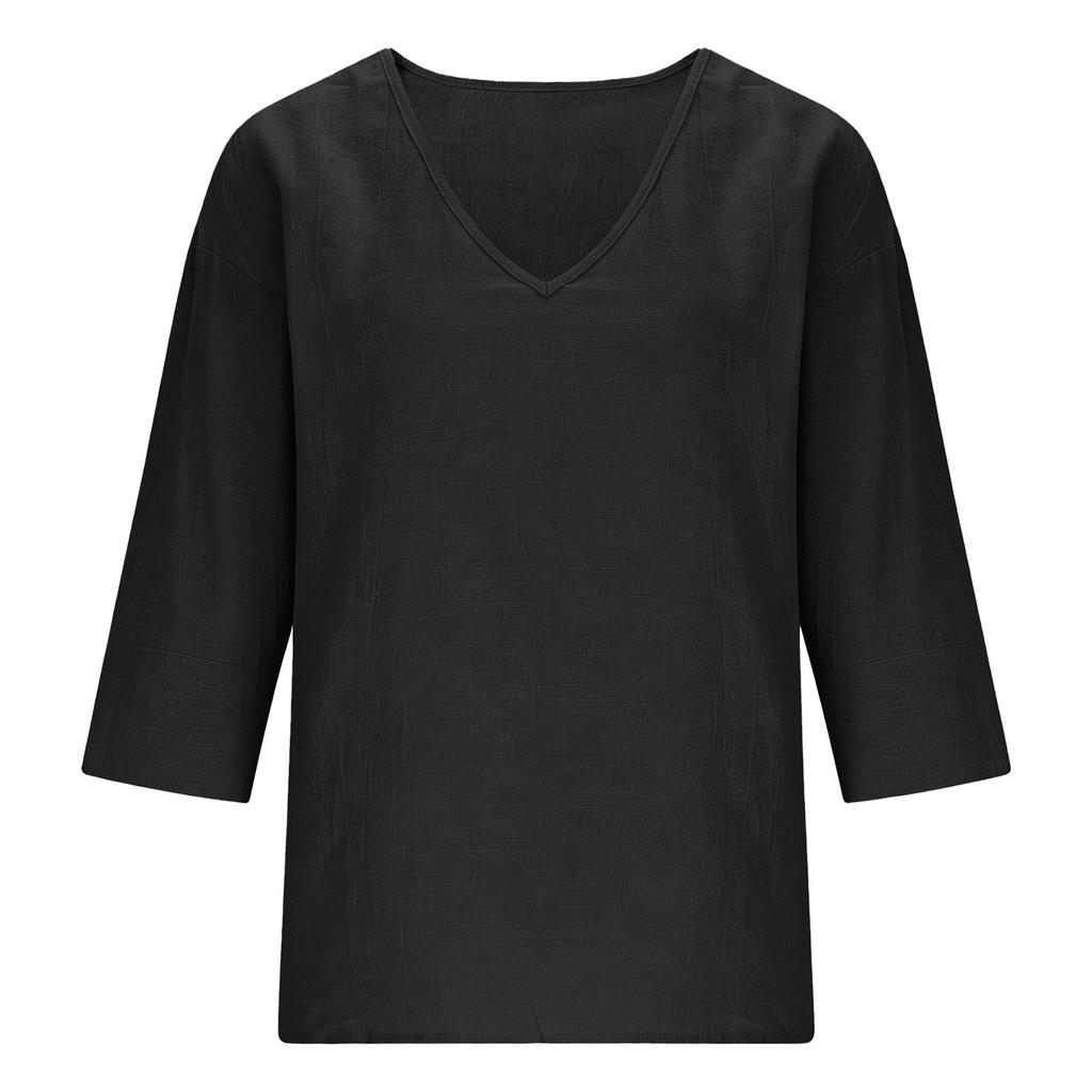 Donna Nuova Primavera Estate Cotone Slub Manica 3/4 Scollo a V Top, Blusa Casual Moda Larga