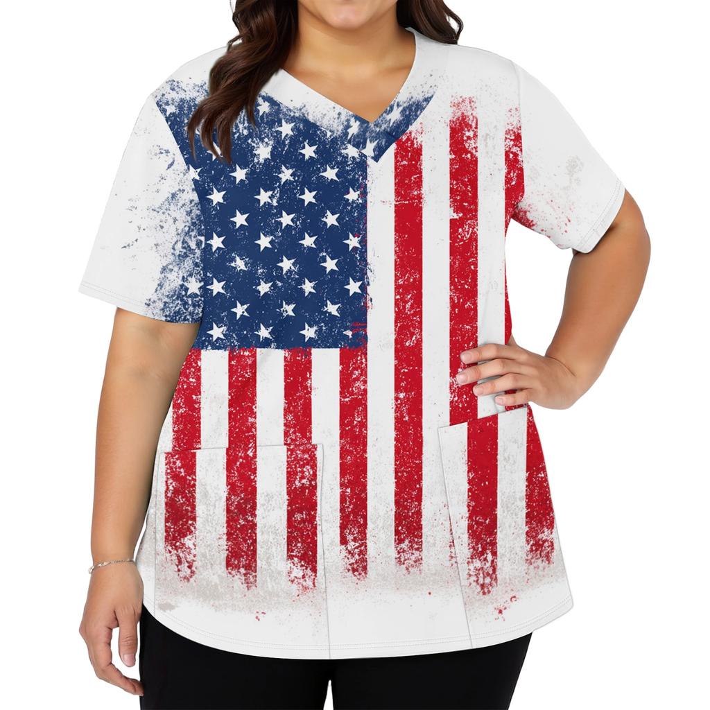 Women's Fashionable Casual Independence Day American Flag And Stars Print V-neck Short-Sleeved Work Shirt With Double Side Slits And Pockets