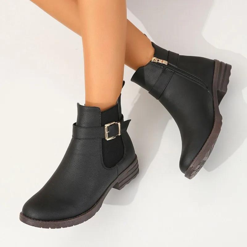 Fashion 2024 Winter High Quality Women's Boots Fashion Solid Color Round Toe Buckle Low Heel Versatile Side Zipper Women's Short Boots