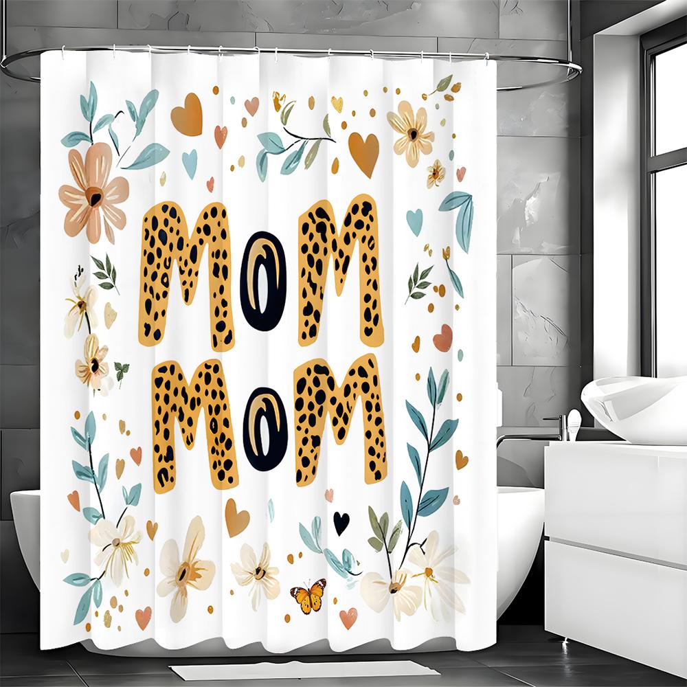 Happy Mother's Day Floral Mom Text Shower Curtain, Bathroom Decorative Shower Curtain, Waterproof Shower Curtain with Hooks