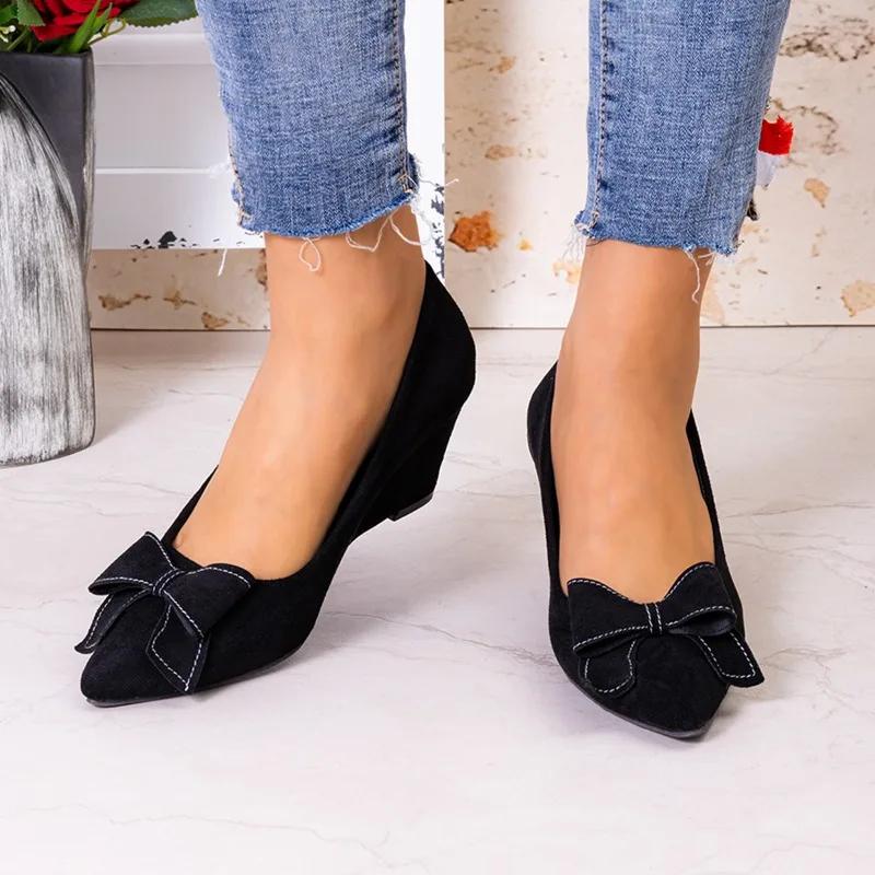 Fashion Women's Fashion Slope Heel Single Shoes Autumn New Pointed Head Shallow Mouth Butterfly Knot Non-slip Low Top Shoes