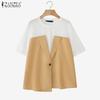 ZANZEA Women Casual Round Neck Summer Short Sleeve Patchwork Blouse