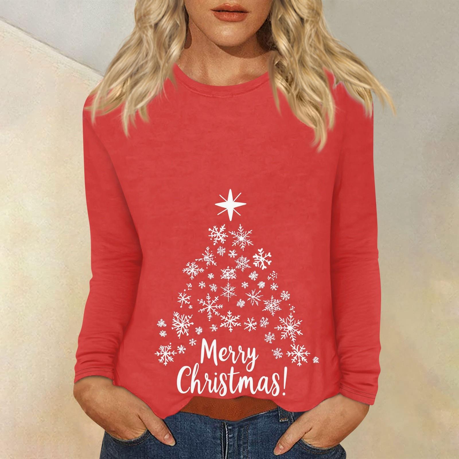 

Женский повседневный повседневный топ с длинными рукавами и рождественским принтом с круглым вырезом L красный