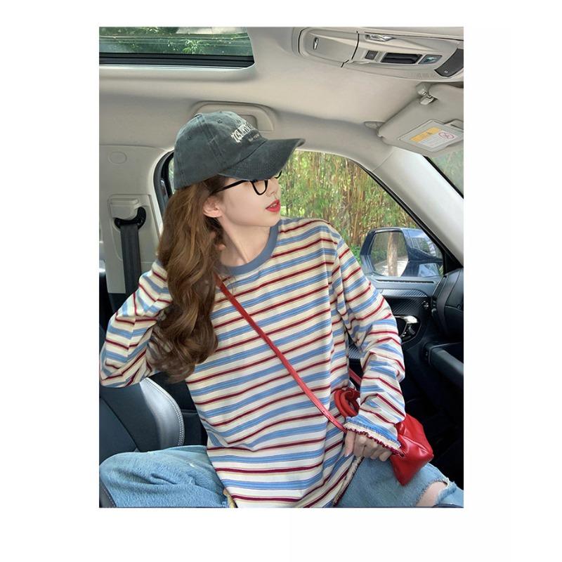 Korean Style Striped Long-sleeved Round Neck Pure Cotton Women's Spring and Autumn Loose Lazy Style Versatile Fashionable Top