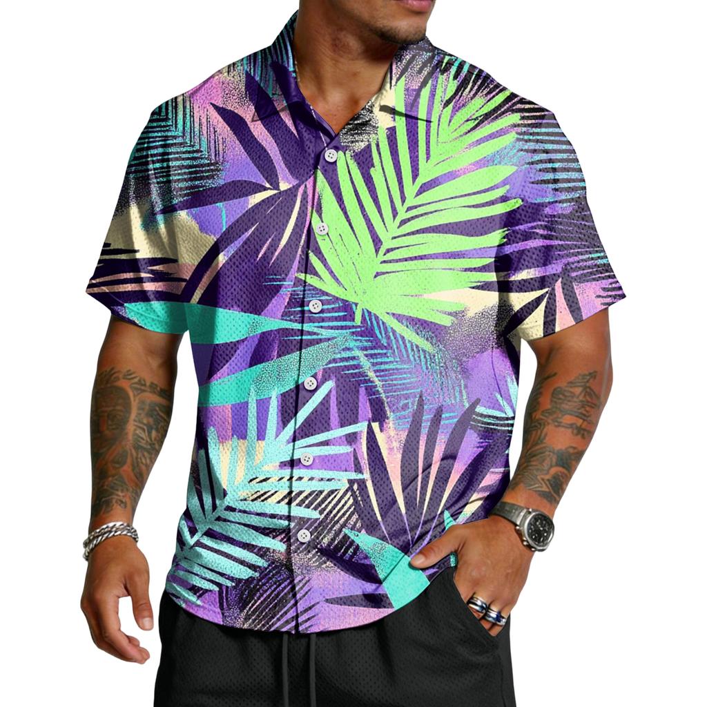 Men’s Short Sleeve Button Down Shirt with Palm Tree Print Casual Collared Relaxed Fit Lightweight Top for Summer
