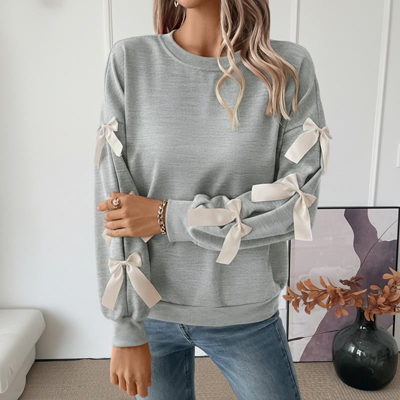 

Женский красный рождественский свитшот с бантом: Сладкий стиль, круглый вырез, осень/зима Extra Large хизер серый