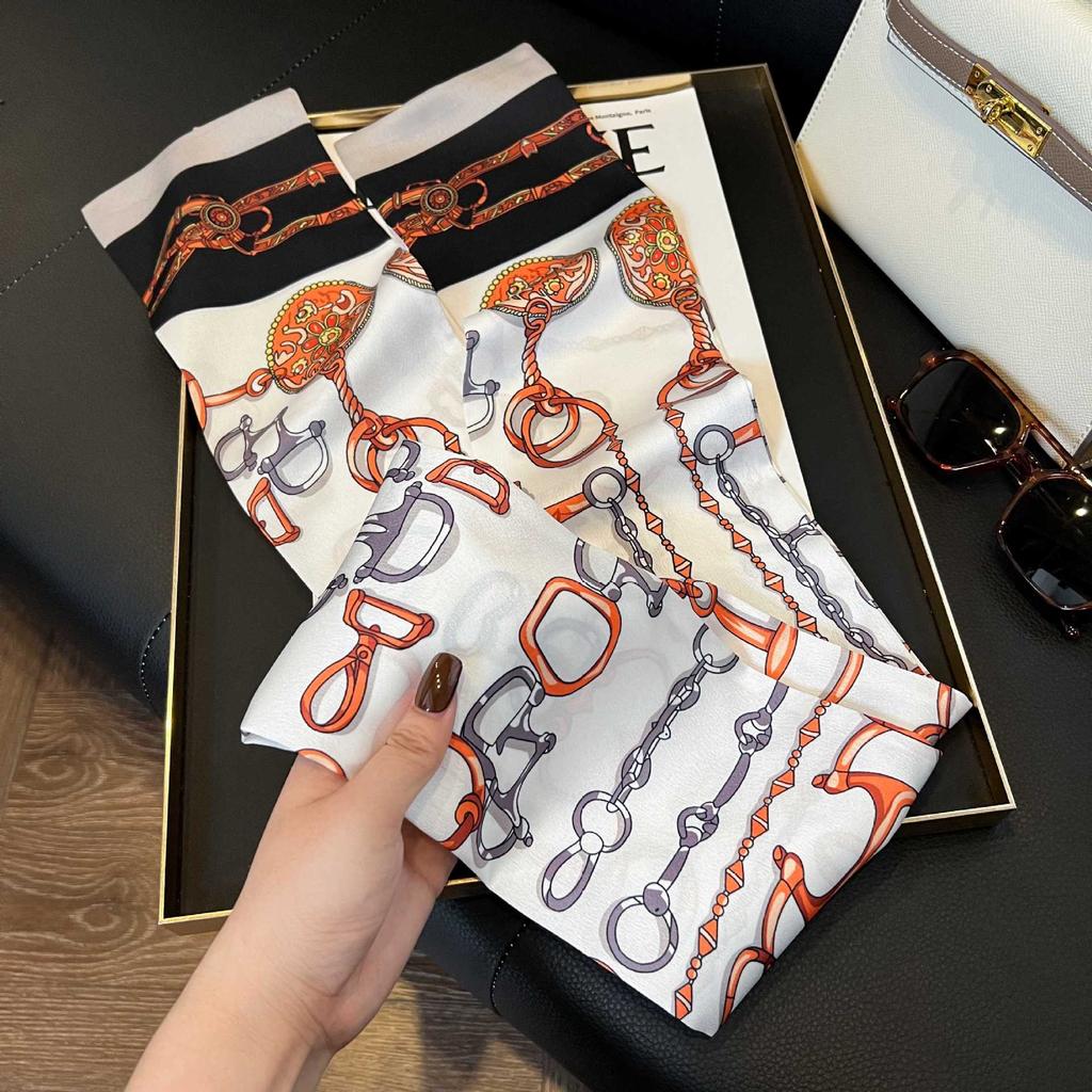 Long Silk Scarf Women's New Small Silk Scarf Printing Simulation Silk Tied Bag Streamer Explosion Sweet Little Scarf