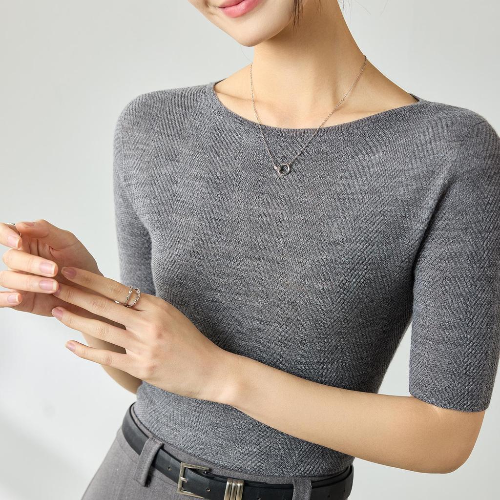 Yangtze Fine Spun Wool One-Shoulder Mid-Sleeve Women's Slimming T-Shirt, Spring Pure Color Elegant Base Layer Top