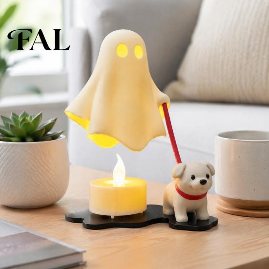 Modern Bedroom Shelf Decor Halloween Ghost Walking Dog Figurine, Cute Spooky Statue with LED Candle Ornament Candle, 3D Printed Tabletop for