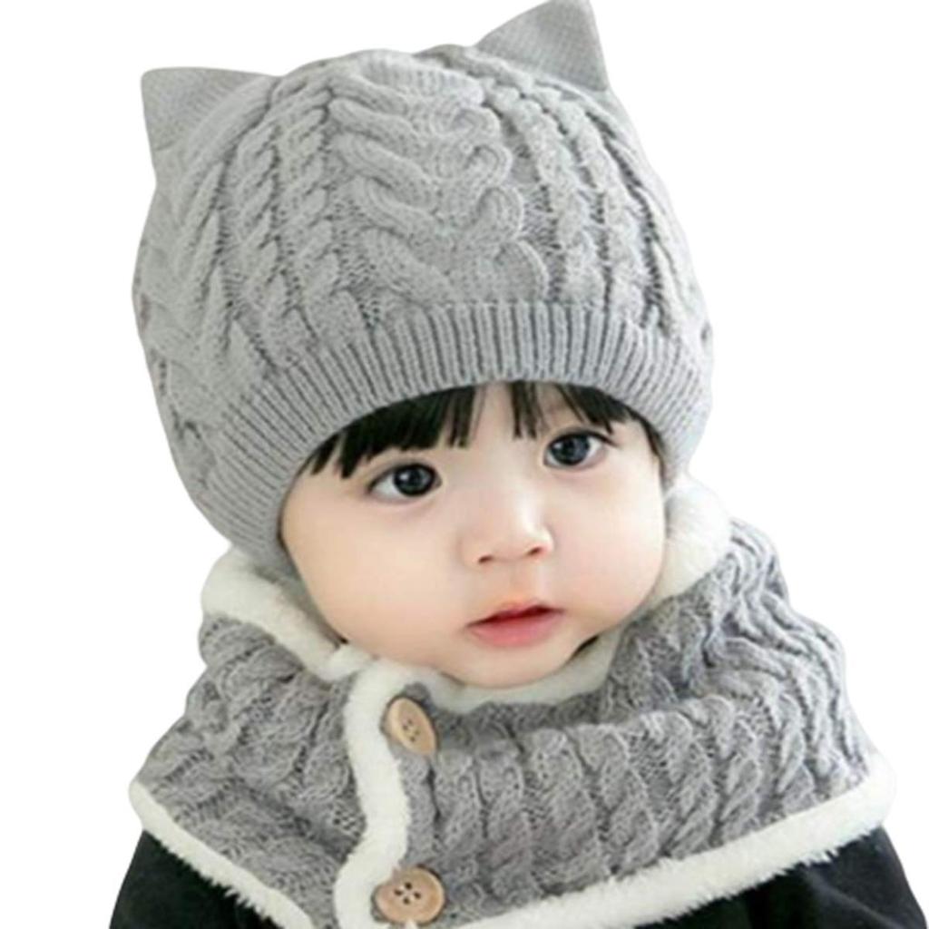 Miaotti Baby Knit Hat and Neck Warmer with for Winter and Cold Ages One Size Fits Most Set, Ears, Protection, 0-2, (Gray)