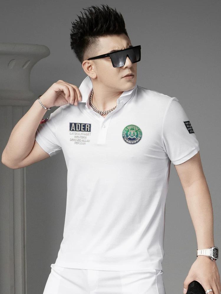 

European Style Trendy Badge Embroidered Polo Shirt Men s Turn-Down Collar Short-Sleeve T-Shirt Men s 2025 New Summer Top M белый