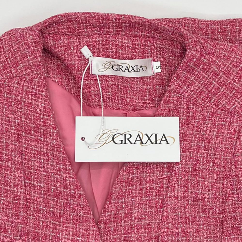 GRAXIA Pink Midi Long and Perfect for Hostess and Size Women's Dress, Two-Piece Set, Tweed, Fitted, Knee-Length, Sleeves, Slit, Button-Down Design,