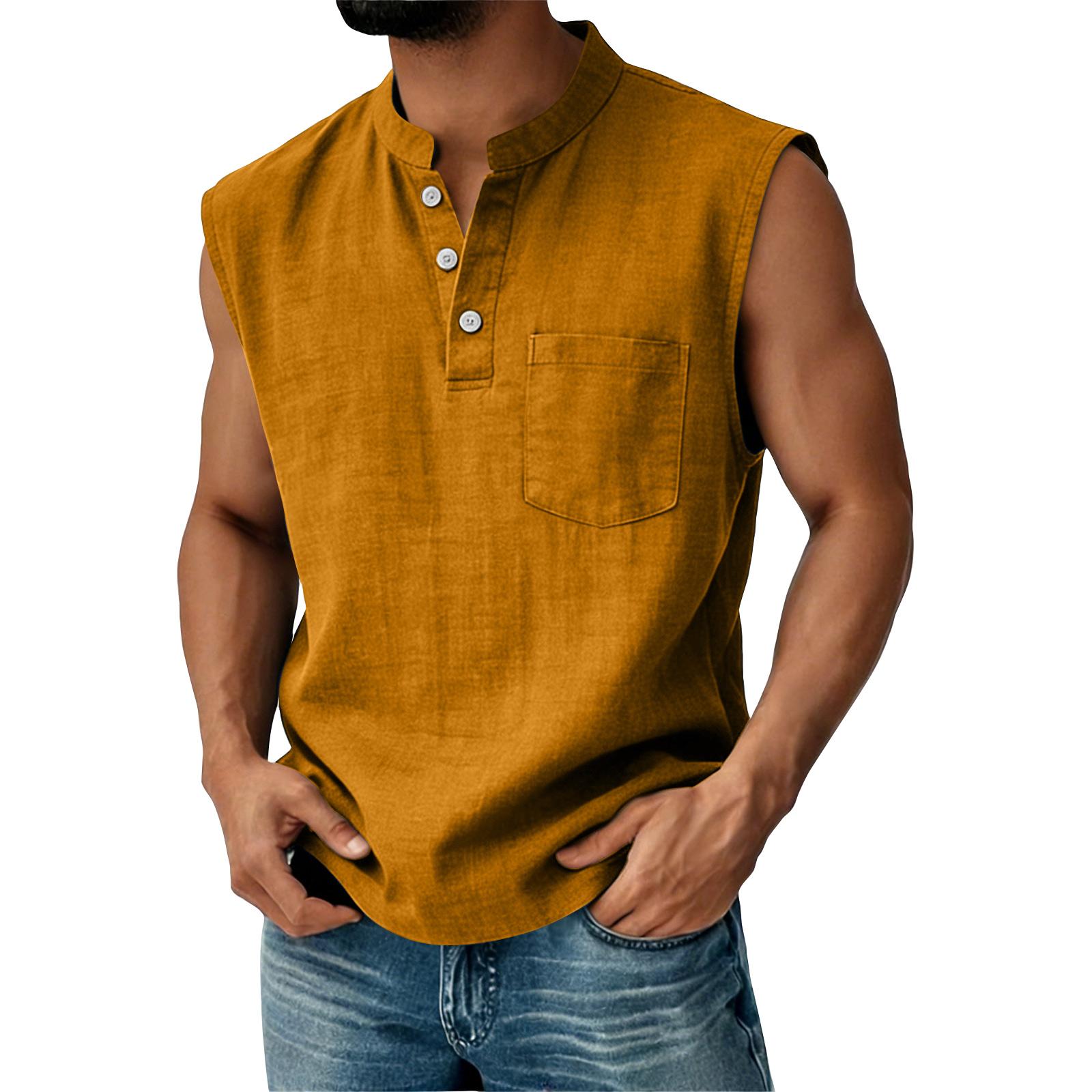 

Men Sleeveless Henley Shirt Linen Casual Stand Collar Button Front Pocket Relaxed Fit Top M
