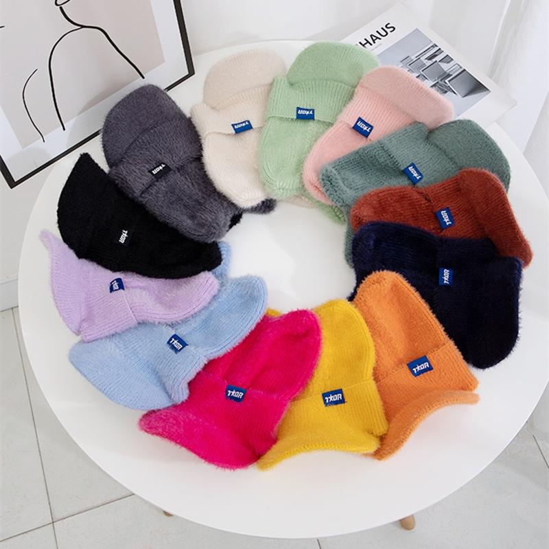 Pălărie de iarnă pentru femei, culori caramele, cu boruri, pălărie tricotată de blană artificială, pălării moale, șapcă de stradă pentru femei