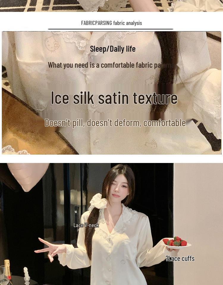 2025 Women's Ice Silk Pajama Set: Cute Kitty, Long-Sleeve for Spring and Autumn