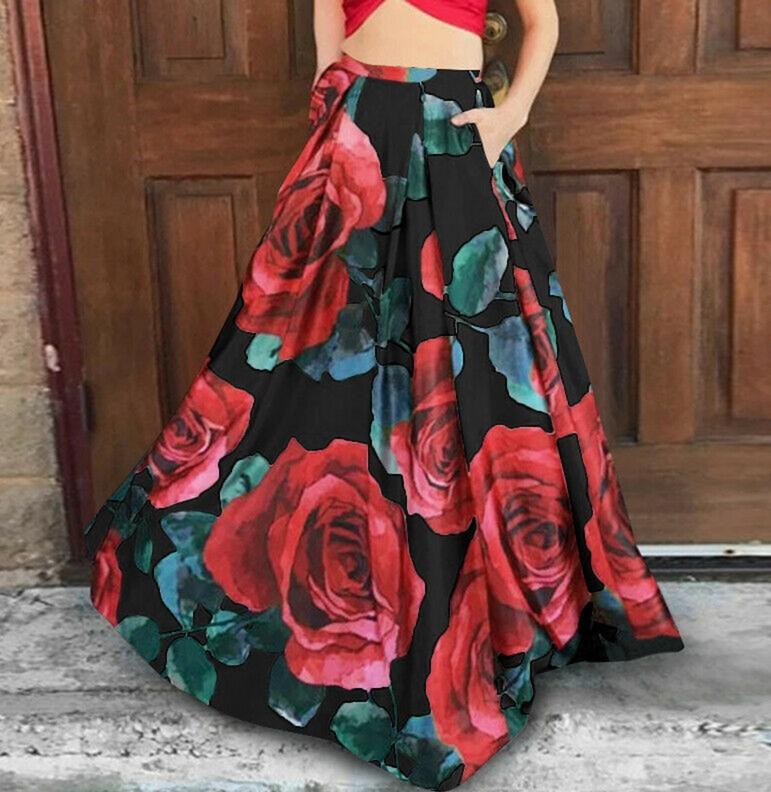 Compra Falda larga con estampado floral para mujer cintura alta fiesta paraguas informal falda larga vestido de talla grande alta calidad mejores precios entrega gratuita Joom
