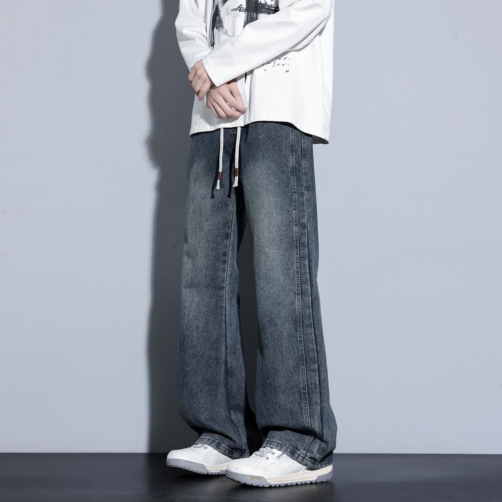 American retro trendy brand micro-pull jeans men's new trend loose wide-leg drape elastic waist pants
