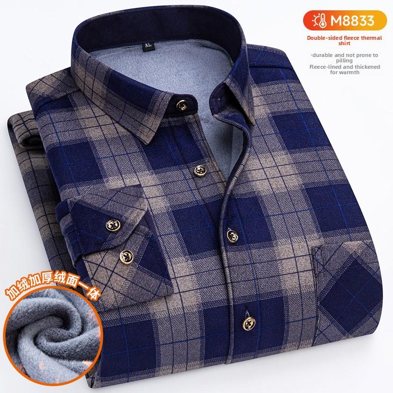 Plus Size Men's Thermal Shirt Men's Winter Fleece-Lined Thickened Checkered Long-Sleeved Shirt